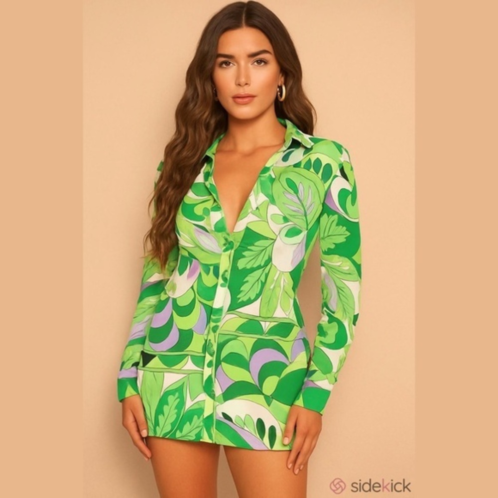 PrettyLittleThing Green & Lavender Abstract Print Button Mini Dress